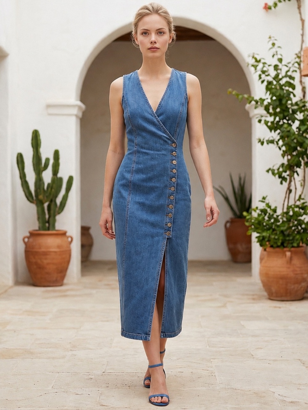 Vintage RARE90s TICKETS California Denim Maxi Dress Asymmetrical Button Slit Y2K